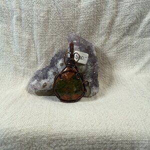 Artisan Unakite Jasper Gemstone Round Copper Wire Wrapped Necklace Pendant